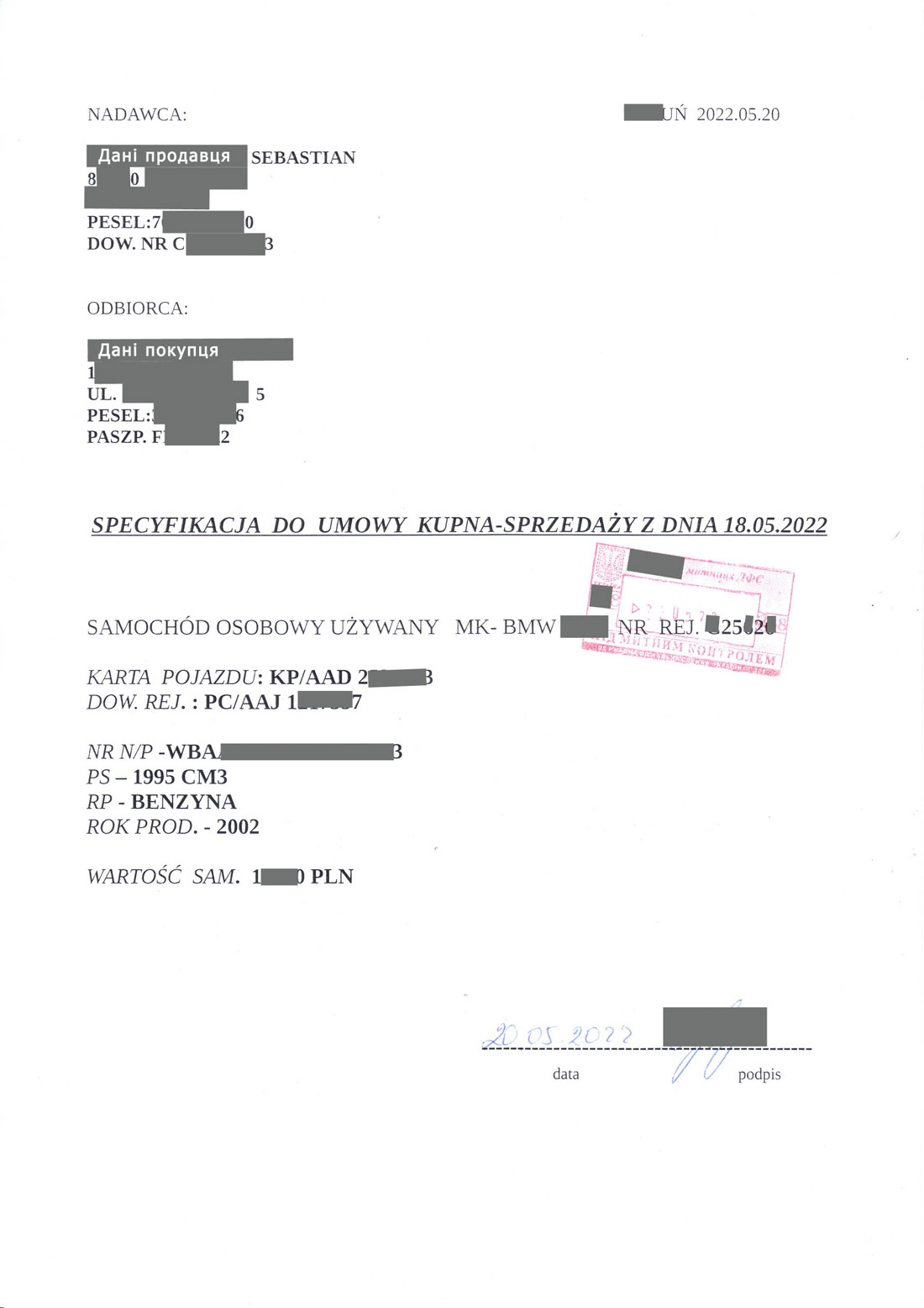 Specyfikacja do Umowy Kupna-Sprzedazy